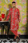 Buy_YAJY by Aditya Jain_Red Silk Printed Straight Kurta And Trouser Set _at_Aza_Fashions