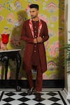 Shop_YAJY by Aditya Jain_Wine Silk Solid Double Layered Kurta And Trouser Set _at_Aza_Fashions