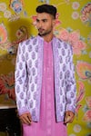 Shop_YAJY by Aditya Jain_White Linen Satin Embroidery Petunia Garden Print Jacket Kurta Set _Online_at_Aza_Fashions