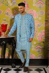 Buy_YAJY by Aditya Jain_Blue Silk Print Flora Garden Jacket Kurta Set _at_Aza_Fashions