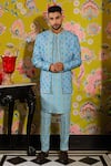 YAJY by Aditya Jain_Blue Silk Print Flora Garden Jacket Kurta Set _at_Aza_Fashions