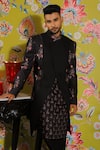 YAJY by Aditya Jain_Black Suiting Print Rafflesia Bloom Jacket Kurta Set _at_Aza_Fashions