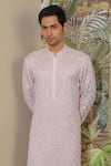 YAJY by Aditya Jain_Pink Silk Embroidery Mughal Flora Kurta Set _Online_at_Aza_Fashions