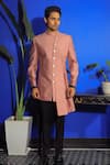 YAJY by Aditya Jain_Peach Italian Suiting Plain Asymmetric Kurta With Trouser _Online_at_Aza_Fashions