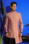 Buy_YAJY by Aditya Jain_Peach Italian Suiting Plain Asymmetric Kurta With Trouser _Online_at_Aza_Fashions