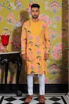 YAJY by Aditya Jain_Yellow Silk Print Padma Bloom Kurta With Trouser _Online_at_Aza_Fashions