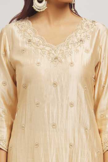 Shop_Surbhi Shah_Beige Silk, Organza Embroidery, Pearls Scoop Neck Floral Hand Kurta Set _Online_at_Aza_Fashions