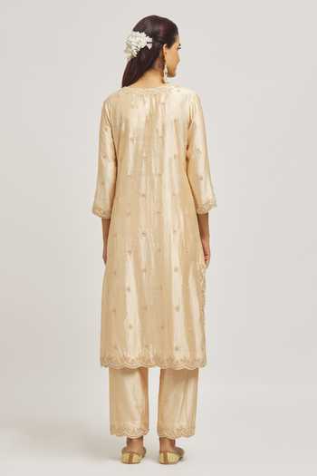 Shop_Surbhi Shah_Beige Silk, Organza Embroidery, Pearls Scoop Neck Floral Hand Kurta Set _at_Aza_Fashions