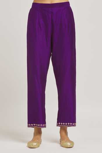 Surbhi Shah_Purple Silk, Organza Embroidery Split V-neck Danka Hand Kurta Pant Set _at_Aza_Fashions