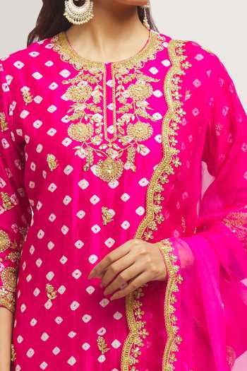 Shop_Surbhi Shah_Pink Silk, Organza Pearls, Embroidery Round Neck Hand Kurta Pant Set _Online_at_Aza_Fashions