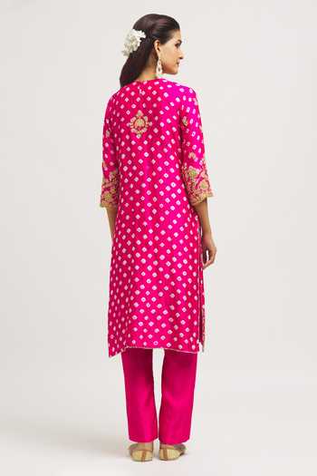 Shop_Surbhi Shah_Pink Silk, Organza Pearls, Embroidery Round Neck Hand Kurta Pant Set _at_Aza_Fashions