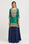 Surbhi Shah_Emerald Green Pure Spun Silk Hand Embroidered Gota Round Kurta Lehenga Set _Online_at_Aza_Fashions