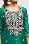 Shop_Surbhi Shah_Emerald Green Pure Spun Silk Hand Embroidered Gota Round Kurta Lehenga Set _Online_at_Aza_Fashions