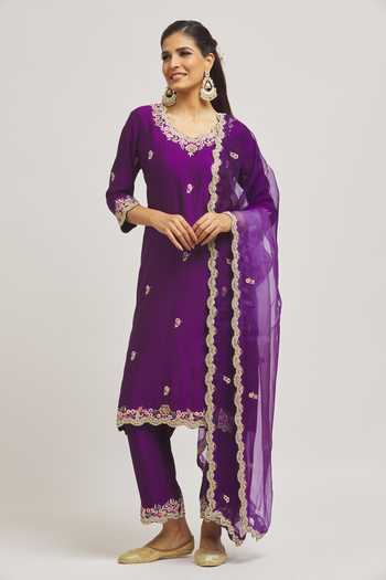 Buy_Surbhi Shah_Purple Silk, Organza Embroidery Scoop Neck Thread Hand Kurta Pant Set _at_Aza_Fashions