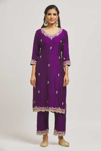 Surbhi Shah_Purple Silk, Organza Embroidery Scoop Neck Thread Hand Kurta Pant Set _Online_at_Aza_Fashions