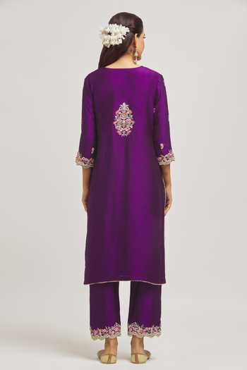 Shop_Surbhi Shah_Purple Silk, Organza Embroidery Scoop Neck Thread Hand Kurta Pant Set _at_Aza_Fashions
