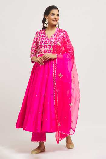 Buy_Surbhi Shah_Pink Silk, Organza Embroidery V-neck Gota Hand Angrakha Pant Set _Online_at_Aza_Fashions