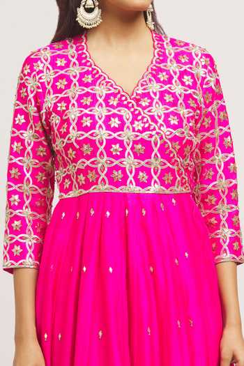 Shop_Surbhi Shah_Pink Silk, Organza Embroidery V-neck Gota Hand Angrakha Pant Set _Online_at_Aza_Fashions
