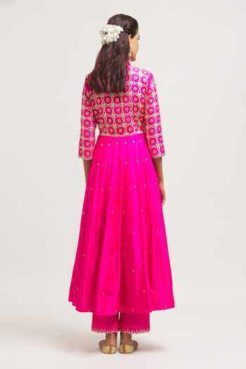Shop_Surbhi Shah_Pink Silk, Organza Embroidery V-neck Gota Hand Angrakha Pant Set _at_Aza_Fashions