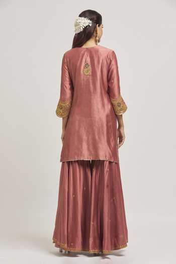 Shop_Surbhi Shah_Purple Silk, Organza Embroidery Round Neck Hand Kurta Sharara Set _at_Aza_Fashions
