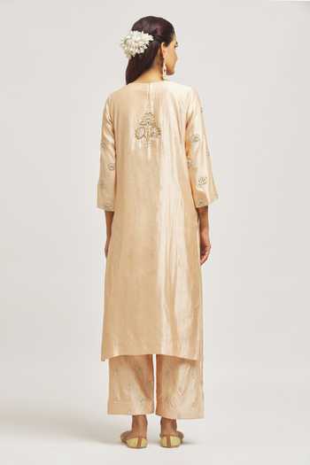 Shop_Surbhi Shah_Beige Silk, Organza Embroidery, Zari Round Neck Zardosi Hand Kurta Pant Set _at_Aza_Fashions