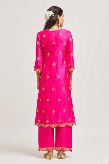 Shop_Surbhi Shah_Pink Silk, Organza Embroidery Round Neck Marori Patchwork Kurta Pant Set _at_Aza_Fashions