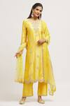 Buy_Surbhi Shah_Yellow Pure Spun Silk Hand Embroidered Zardosi Notched Kurta Set _at_Aza_Fashions