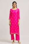 Surbhi Shah_Pink Satin, Organza Embroidery, Gota Patti, Mirrors Scoop Hand Kurta Pant Set _Online_at_Aza_Fashions