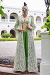 Buy_The Royaleum_Green Denim, Organza Beads, Embroidery Habiba Paisley Hand Jacket Palazzo Set_at_Aza_Fashions