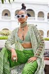 The Royaleum_Green Denim, Organza Beads, Embroidery Habiba Paisley Hand Jacket Palazzo Set_at_Aza_Fashions