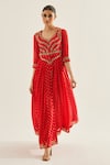 Shyam Narayan Prasad_Red Brocade Woven And Embroidered Floral V Neck Panelled Anarkali Set _Online_at_Aza_Fashions