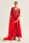 Buy_Shyam Narayan Prasad_Red Brocade Woven And Embroidered Floral V Neck Panelled Anarkali Set _Online_at_Aza_Fashions