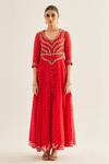Buy_Shyam Narayan Prasad_Red Brocade Woven And Embroidered Floral V Neck Panelled Anarkali Set 