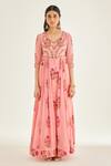 Shop_Shyam Narayan Prasad_Pink Organza, Silk, Chanderi Embroidery V-neck Floral Block Print Anarkali Set _Online_at_Aza_Fashions
