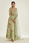 Buy_Shyam Narayan Prasad_Green Silk Chanderi Printed And Embroidered Floral Hand Block & Anarkali Set _at_Aza_Fashions
