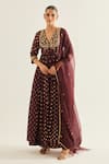 Buy_Shyam Narayan Prasad_Wine Brocade Woven And Embroidered Floral V Neck Pattern Anarkali Set  _at_Aza_Fashions