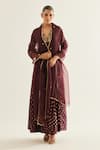 Shyam Narayan Prasad_Wine Brocade Woven And Embroidered Floral V Neck Pattern Anarkali Set _Online_at_Aza_Fashions