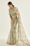 Buy_Shyam Narayan Prasad_Green Silk Organza Printed And Embroidered Floral Saree & Blouse Set  _Online_at_Aza_Fashions