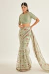 Shyam Narayan Prasad_Green Silk Organza Printed And Embroidered Floral Saree & Blouse Set  _at_Aza_Fashions