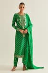 Buy_Shyam Narayan Prasad_Emerald Green Brocade Woven And Embroidered Floral Pattern & Botanical Kurta Set _at_Aza_Fashions