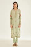 Shop_Shyam Narayan Prasad_Green Silk Chanderi Printed And Embroidered Floral Hand Block & Kurta Set _at_Aza_Fashions