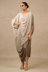 Buy_Tarun Tahiliani_Beige Crinkle Plain Cowl Neck Ombre Textured Pleated Kaftan _at_Aza_Fashions