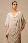 Tarun Tahiliani_Beige Crinkle Plain Cowl Neck Ombre Textured Pleated Kaftan _Online_at_Aza_Fashions