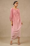 Tarun Tahiliani_Pink Crinkle Plain Cowl Neck Ombre Kaftan _Online_at_Aza_Fashions