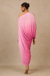 Shop_Tarun Tahiliani_Pink Crinkle Plain Asymmetric Ombre One Shoulder Kaftan _at_Aza_Fashions