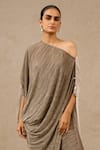 Tarun Tahiliani_Beige Crinkle Plain Asymmetric Ombre Textured Pleated Kaftan _Online_at_Aza_Fashions