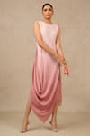 Buy_Tarun Tahiliani_Pink Crinkle Plain Boat Neck Ombre Textured Pattern Sleeveless Kaftan _at_Aza_Fashions