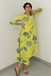 Silai Studio_Yellow Silk V-neck Anaar Print Kurta With Pant_at_Aza_Fashions