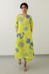 Silai Studio_Yellow Silk Print Anaar V Neck A-line Kurta  _Online_at_Aza_Fashions