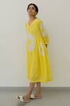 Silai Studio Yellow Cotton V-neck Bandhani Pattern Dress With Inner Online at Aza Fashions Silai Studio_Yellow Cotton V-neck Bandhani Pattern Dress With Inner_Online_at_Aza_Fashions